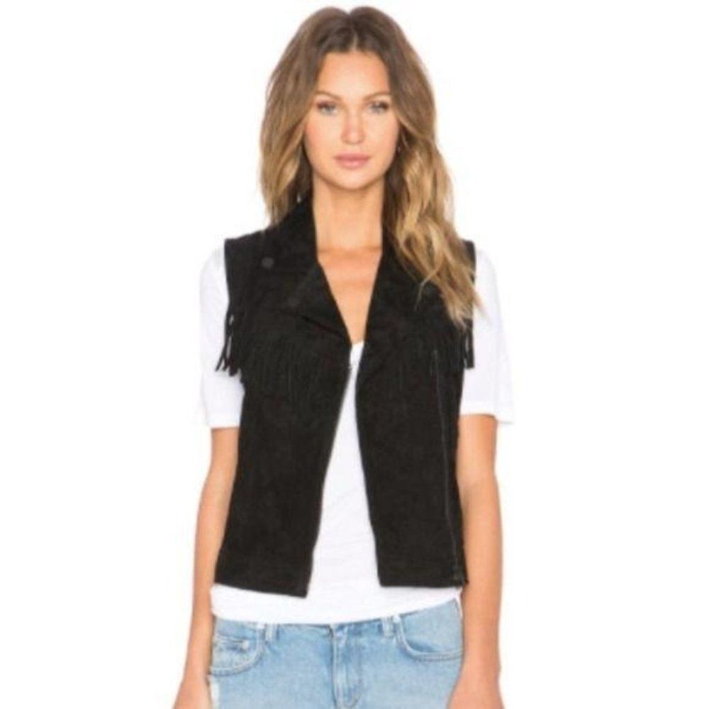 Sanctuary Womens Vest Black M 100% Genuine Leather Suede Fringe  Full Zip Moto